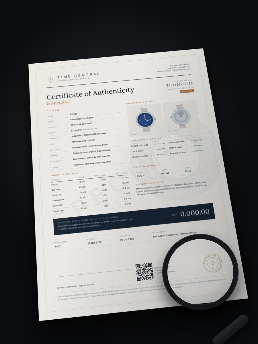 Time Central certificate of authenticity and appraisal, specimen