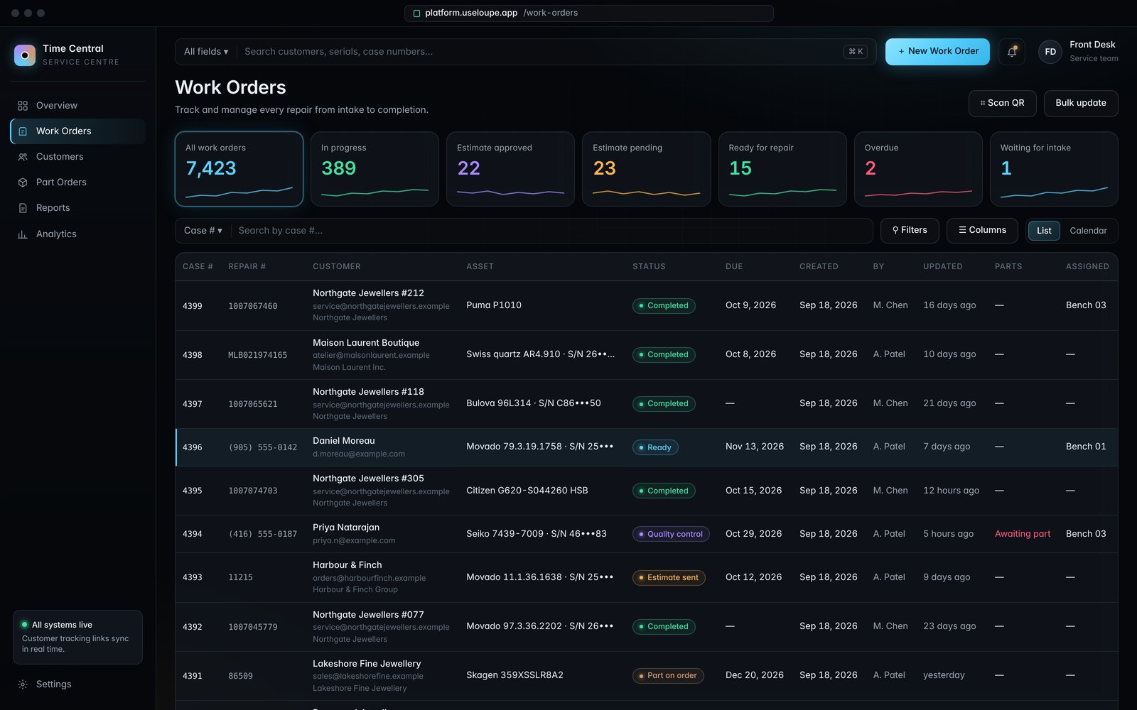 Work orders screen with repair status counts and a list of repairs