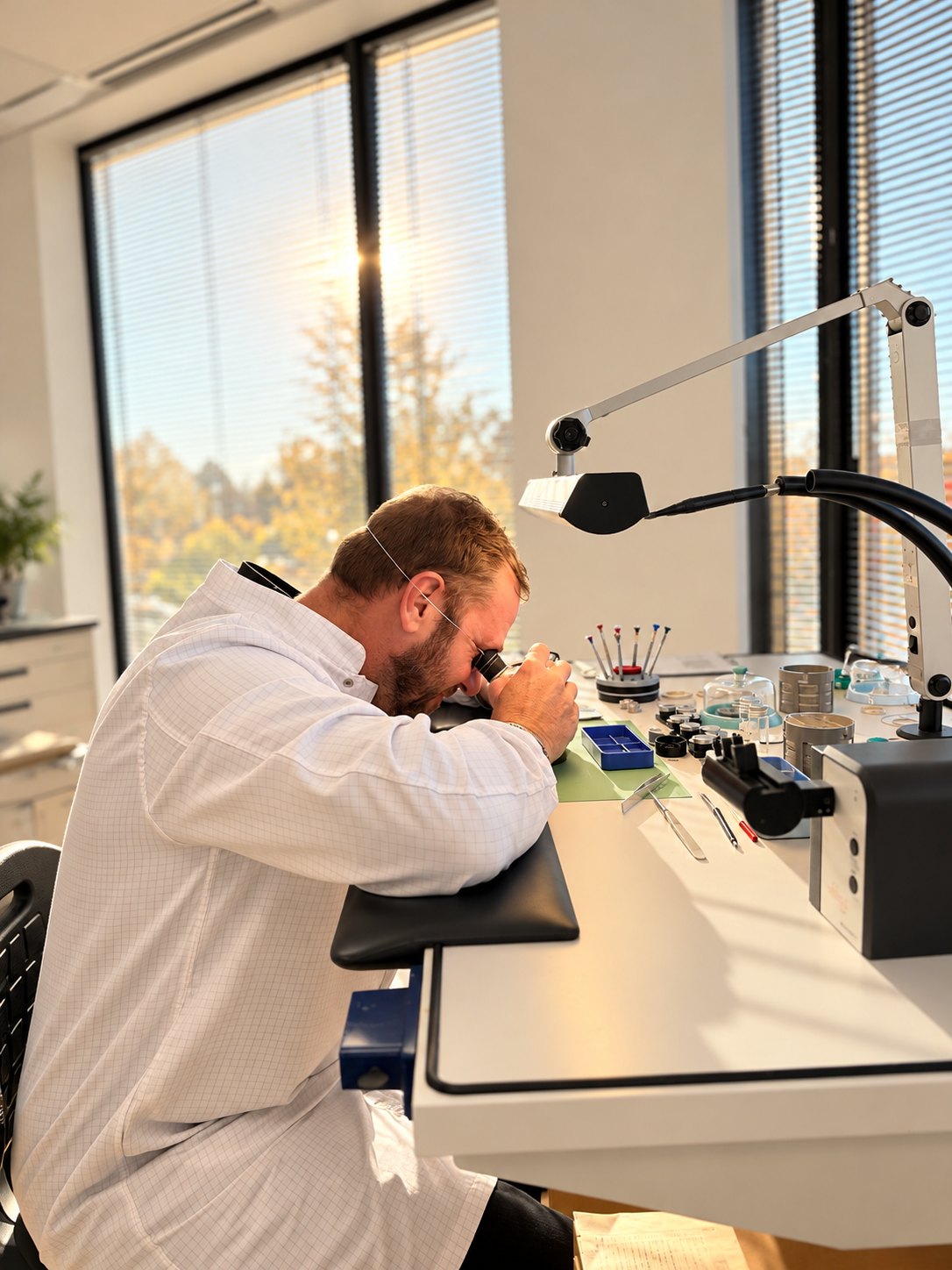 Ryan Goncalves at his bench, working on a watch with a loupe